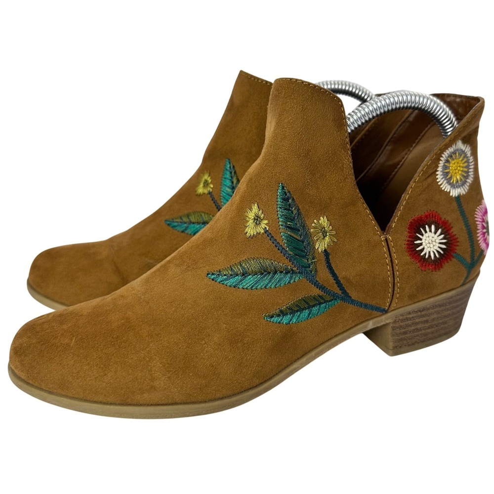 Indigo Rd Womens‎ Tan Floral Embroidered Faux Suede Ankle Booties Cutout 8.5M